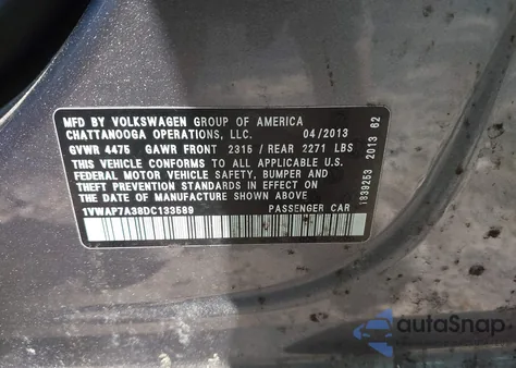 2013 Volkswagen Passat 2.5L S from USA, damaged, VIN 1VWAP7A38DC133589